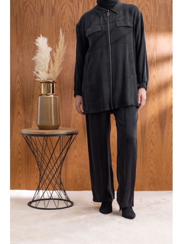 CEP KAPAKLI ÖNÜ FERMUARLI PANTOLONLU TAKIM - SİYAH