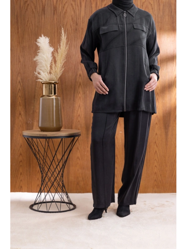 CEP KAPAKLI ÖNÜ FERMUARLI PANTOLONLU TAKIM - SİYAH
