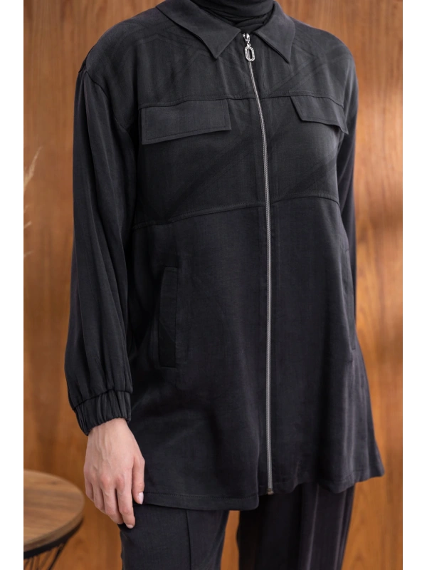 CEP KAPAKLI ÖNÜ FERMUARLI PANTOLONLU TAKIM - SİYAH