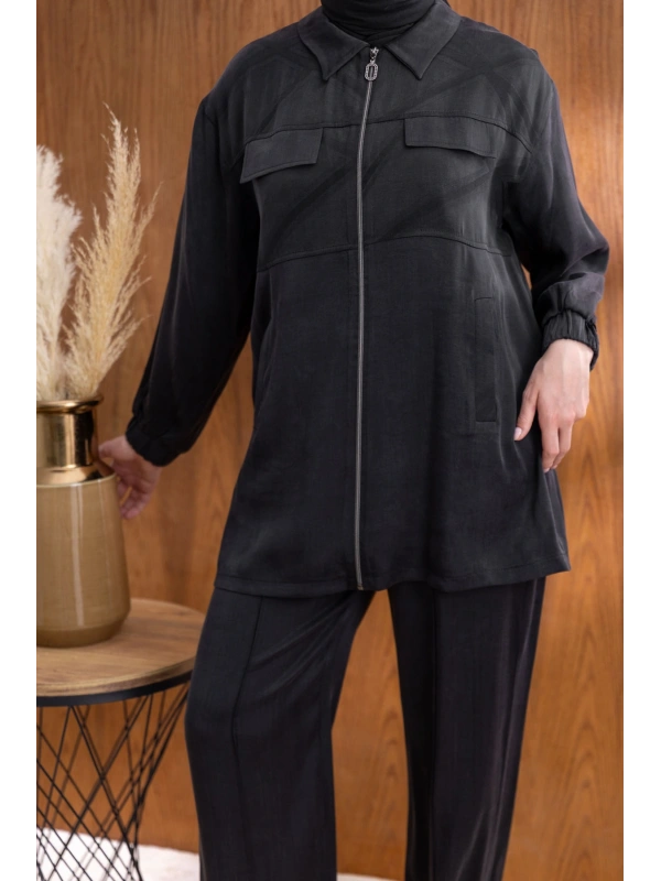 CEP KAPAKLI ÖNÜ FERMUARLI PANTOLONLU TAKIM - SİYAH