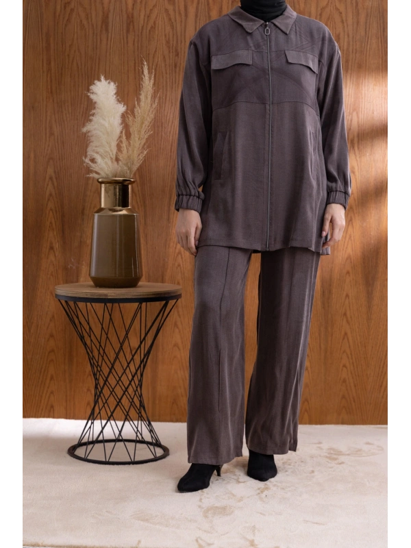 CEP KAPAKLI ÖNÜ FERMUARLI PANTOLONLU TAKIM - KAHVE