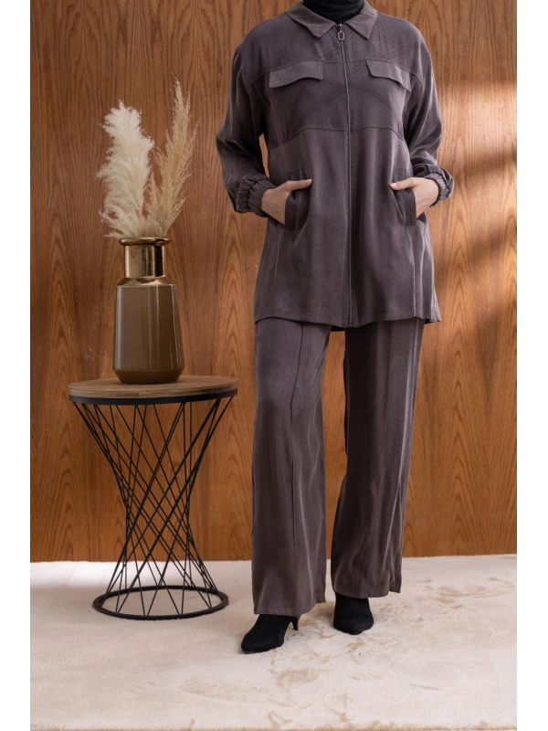 CEP KAPAKLI ÖNÜ FERMUARLI PANTOLONLU TAKIM - KAHVE