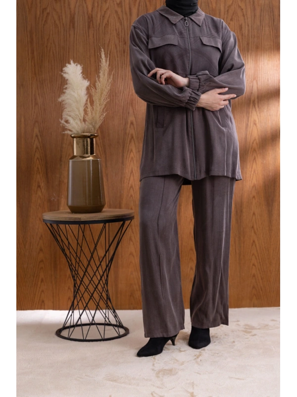 CEP KAPAKLI ÖNÜ FERMUARLI PANTOLONLU TAKIM - KAHVE