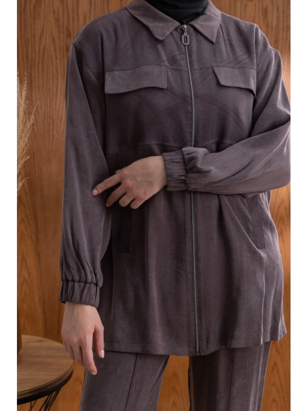 CEP KAPAKLI ÖNÜ FERMUARLI PANTOLONLU TAKIM - KAHVE