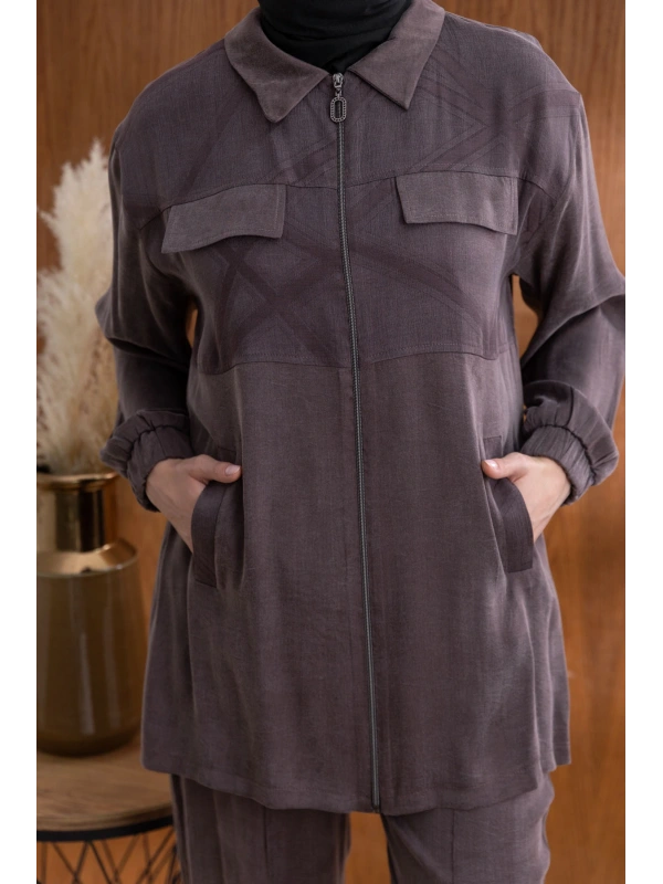 CEP KAPAKLI ÖNÜ FERMUARLI PANTOLONLU TAKIM - KAHVE