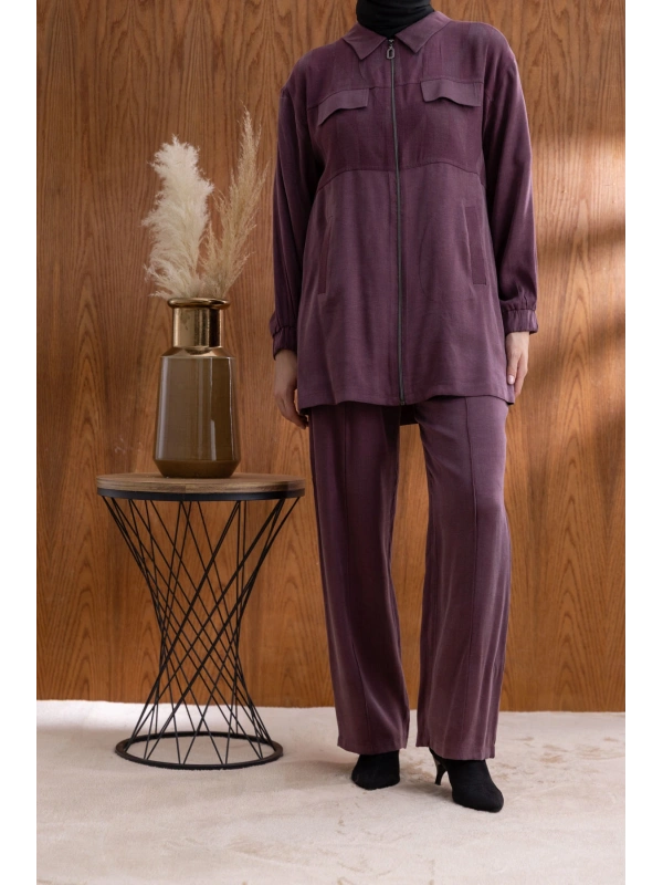 CEP KAPAKLI ÖNÜ FERMUARLI PANTOLONLU TAKIM - MÜRDÜM