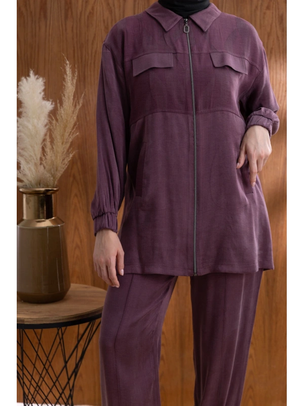 CEP KAPAKLI ÖNÜ FERMUARLI PANTOLONLU TAKIM - MÜRDÜM