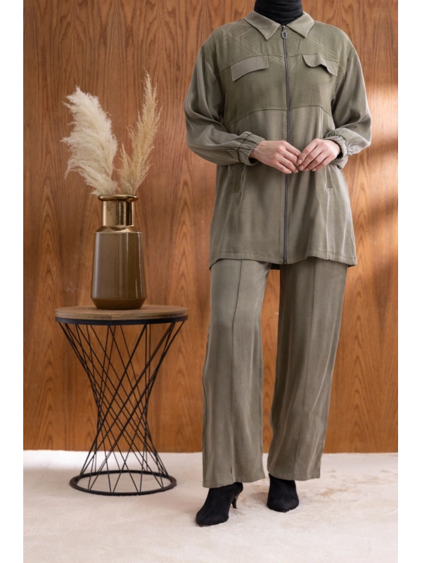 CEP KAPAKLI ÖNÜ FERMUARLI PANTOLONLU TAKIM - HAKİ