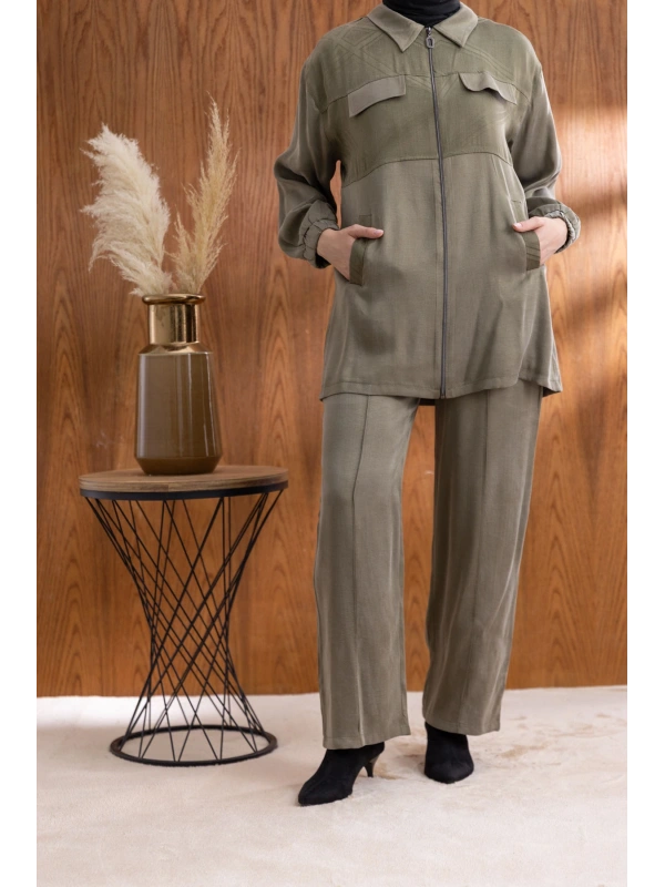 CEP KAPAKLI ÖNÜ FERMUARLI PANTOLONLU TAKIM - HAKİ