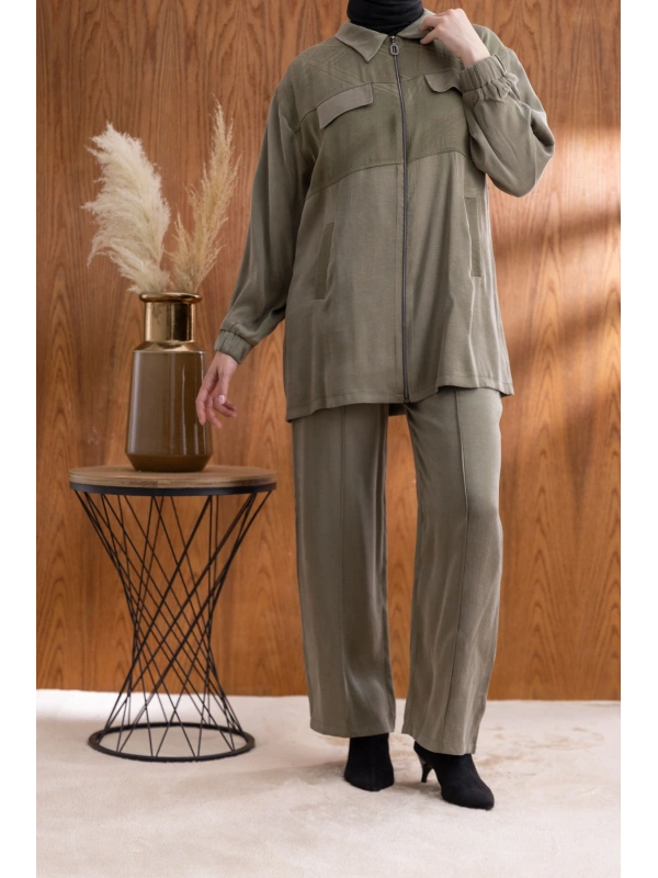 CEP KAPAKLI ÖNÜ FERMUARLI PANTOLONLU TAKIM - HAKİ