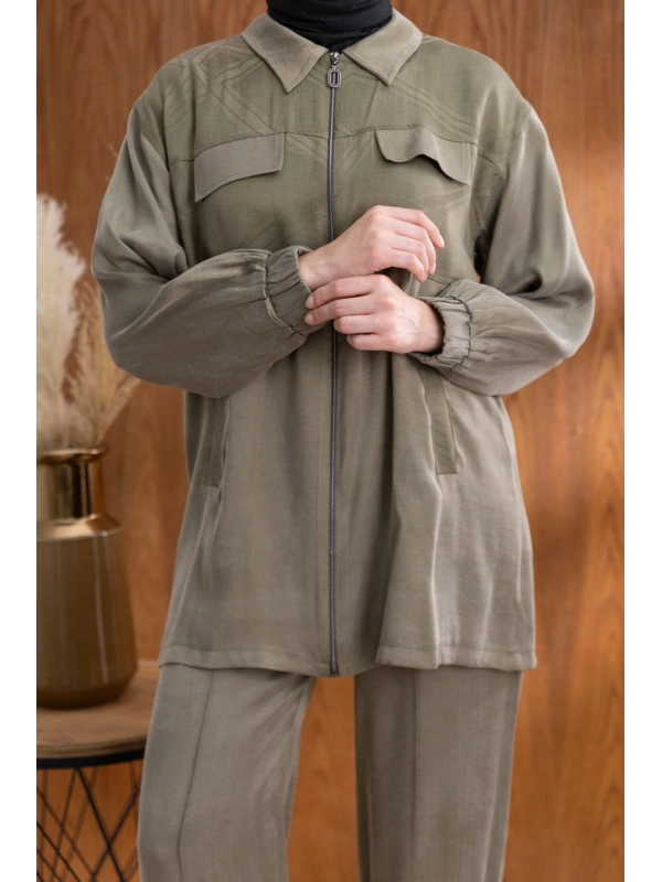 CEP KAPAKLI ÖNÜ FERMUARLI PANTOLONLU TAKIM - HAKİ