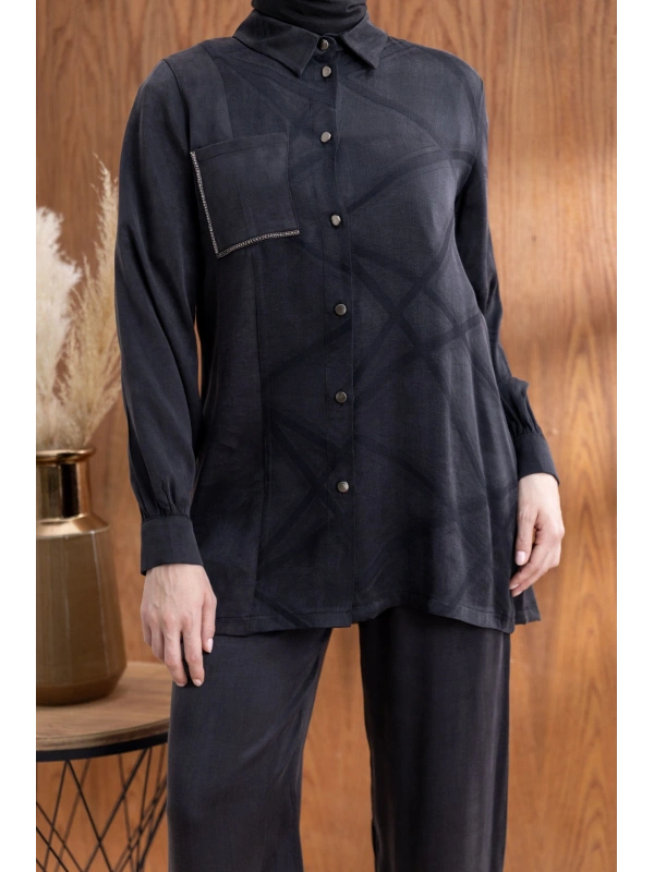 CEBİ TAŞ DETAYLI ÖNÜ DÜĞMELİ PANTOLONLU TAKIM - SİYAH