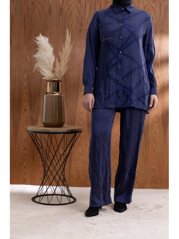 CEBİ TAŞ DETAYLI ÖNÜ DÜĞMELİ PANTOLONLU TAKIM - LACİVERT