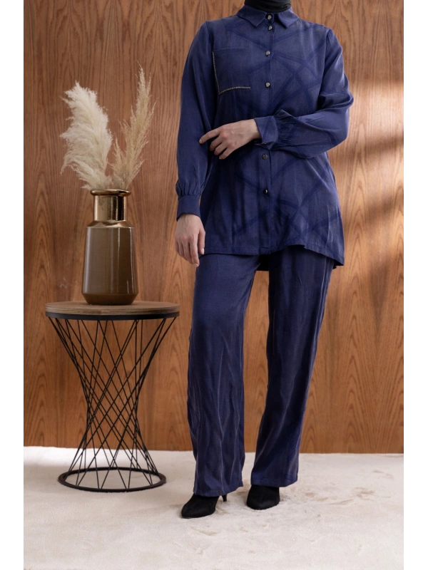 CEBİ TAŞ DETAYLI ÖNÜ DÜĞMELİ PANTOLONLU TAKIM - LACİVERT