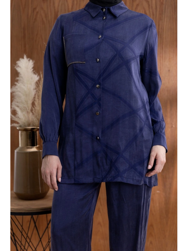 CEBİ TAŞ DETAYLI ÖNÜ DÜĞMELİ PANTOLONLU TAKIM - LACİVERT