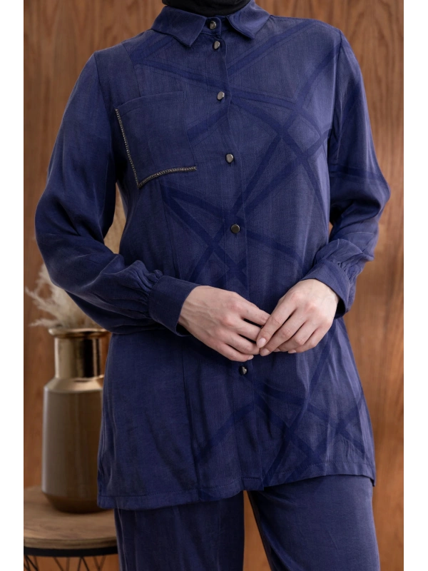 CEBİ TAŞ DETAYLI ÖNÜ DÜĞMELİ PANTOLONLU TAKIM - LACİVERT