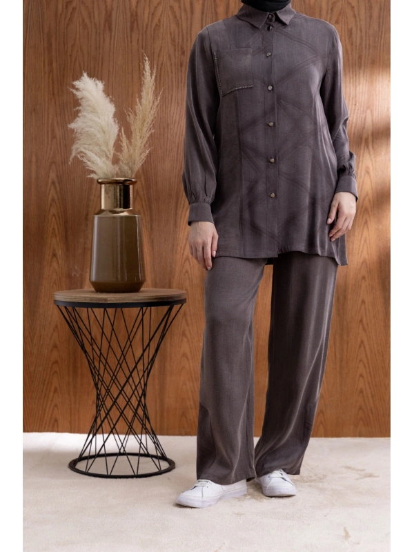 CEBİ TAŞ DETAYLI ÖNÜ DÜĞMELİ PANTOLONLU TAKIM - KAHVE