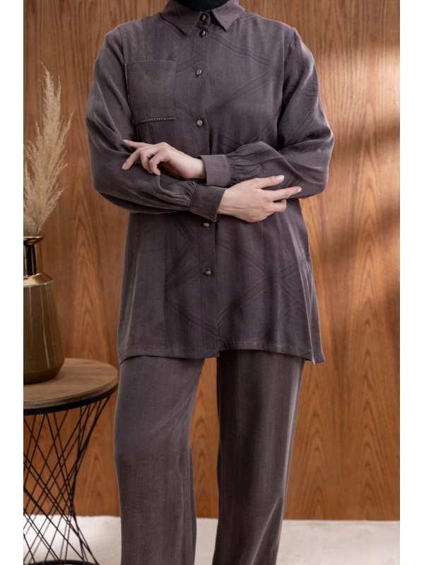 CEBİ TAŞ DETAYLI ÖNÜ DÜĞMELİ PANTOLONLU TAKIM - KAHVE