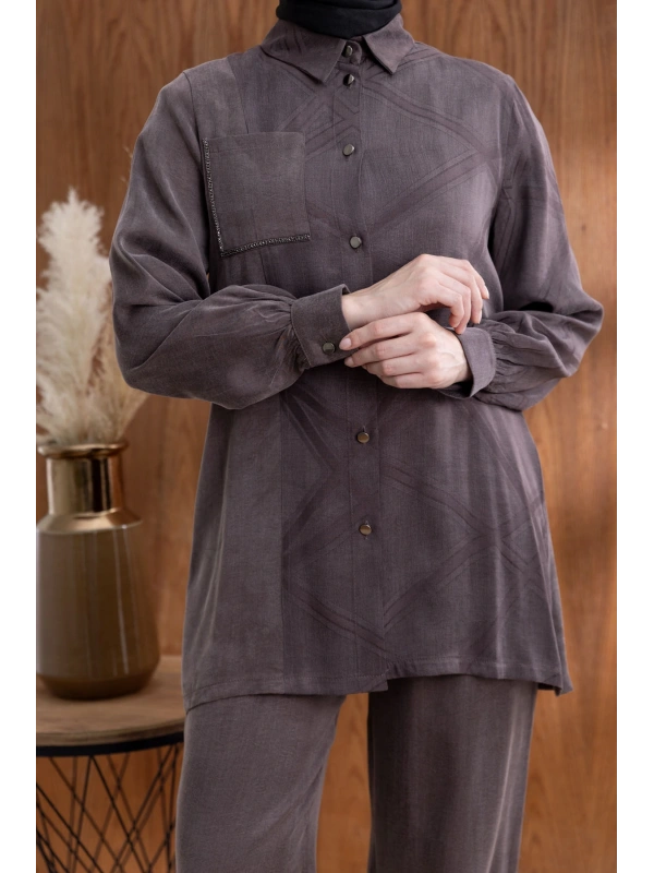 CEBİ TAŞ DETAYLI ÖNÜ DÜĞMELİ PANTOLONLU TAKIM - KAHVE