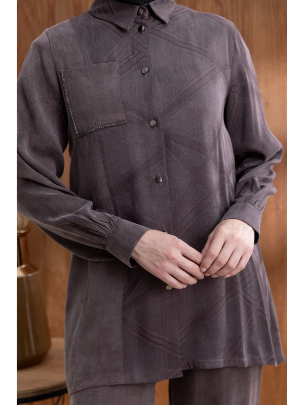 CEBİ TAŞ DETAYLI ÖNÜ DÜĞMELİ PANTOLONLU TAKIM - KAHVE