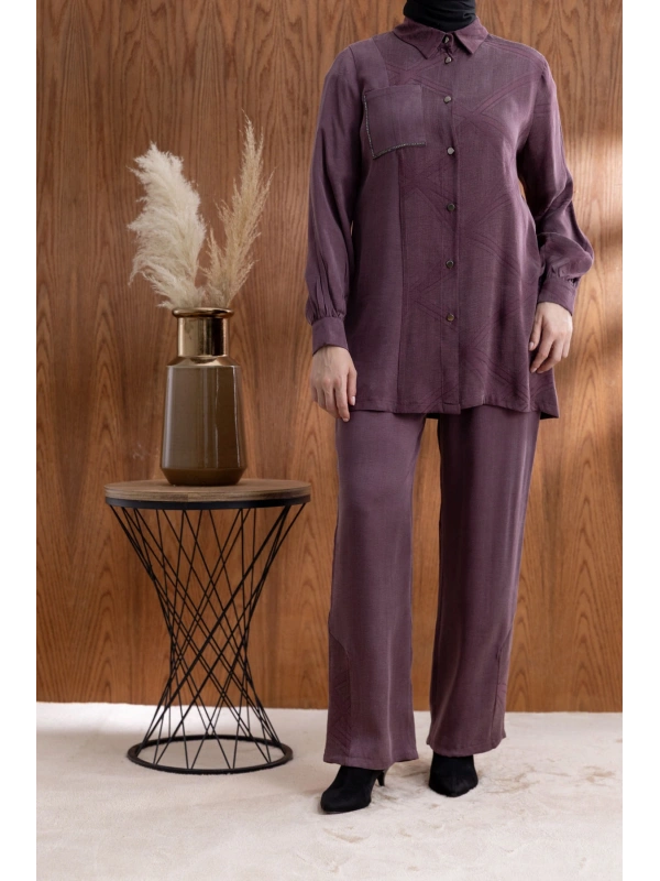 CEBİ TAŞ DETAYLI ÖNÜ DÜĞMELİ PANTOLONLU TAKIM - MÜRDÜM