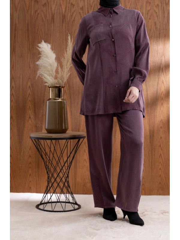 CEBİ TAŞ DETAYLI ÖNÜ DÜĞMELİ PANTOLONLU TAKIM - MÜRDÜM