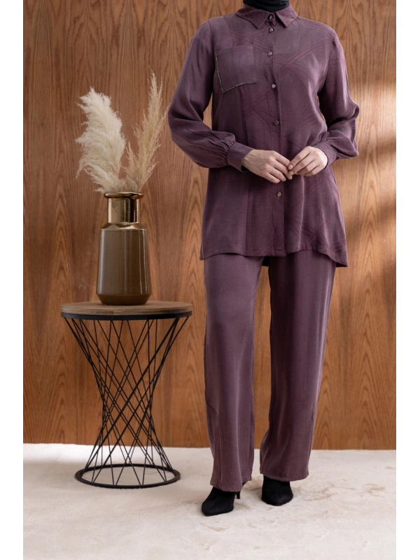 CEBİ TAŞ DETAYLI ÖNÜ DÜĞMELİ PANTOLONLU TAKIM - MÜRDÜM