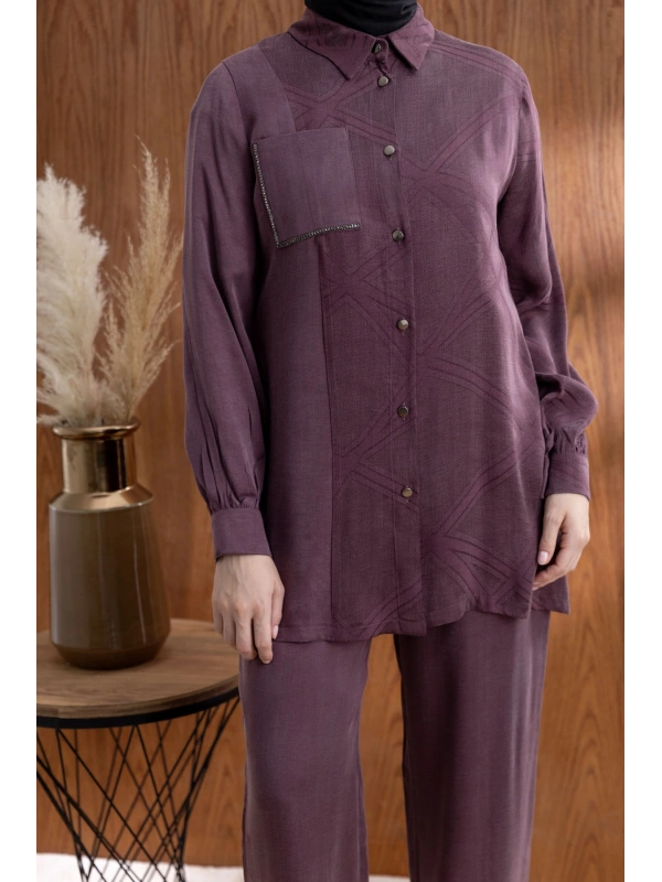 CEBİ TAŞ DETAYLI ÖNÜ DÜĞMELİ PANTOLONLU TAKIM - MÜRDÜM