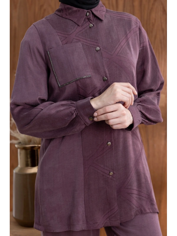 CEBİ TAŞ DETAYLI ÖNÜ DÜĞMELİ PANTOLONLU TAKIM - MÜRDÜM