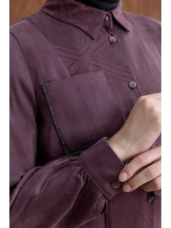 CEBİ TAŞ DETAYLI ÖNÜ DÜĞMELİ PANTOLONLU TAKIM - MÜRDÜM