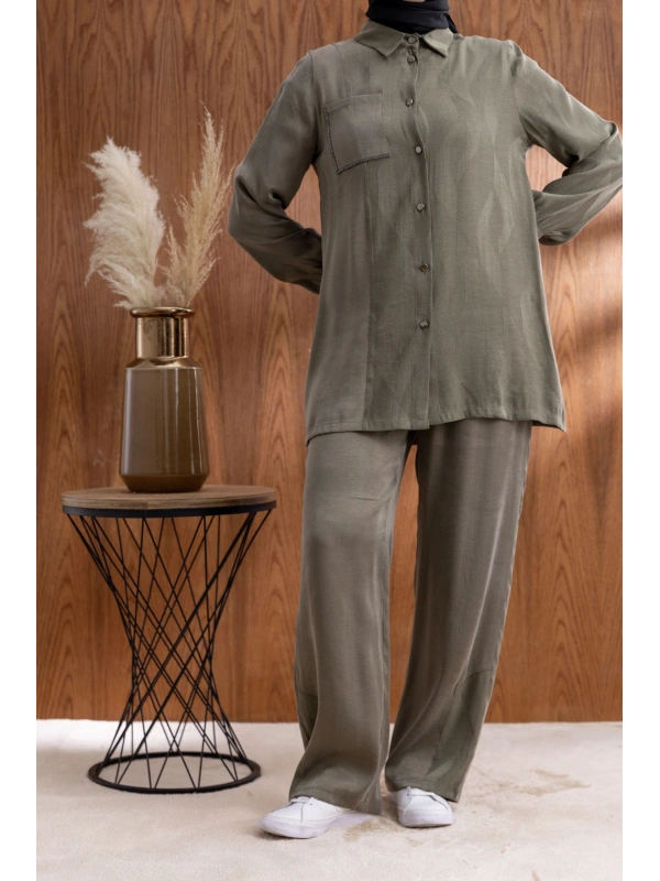 CEBİ TAŞ DETAYLI ÖNÜ DÜĞMELİ PANTOLONLU TAKIM - HAKİ