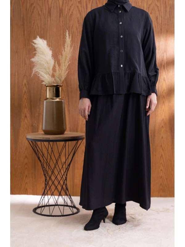 FIRFIR DETAYLI GÖMLEK YAKA ETEKLİ TAKIM - SİYAH