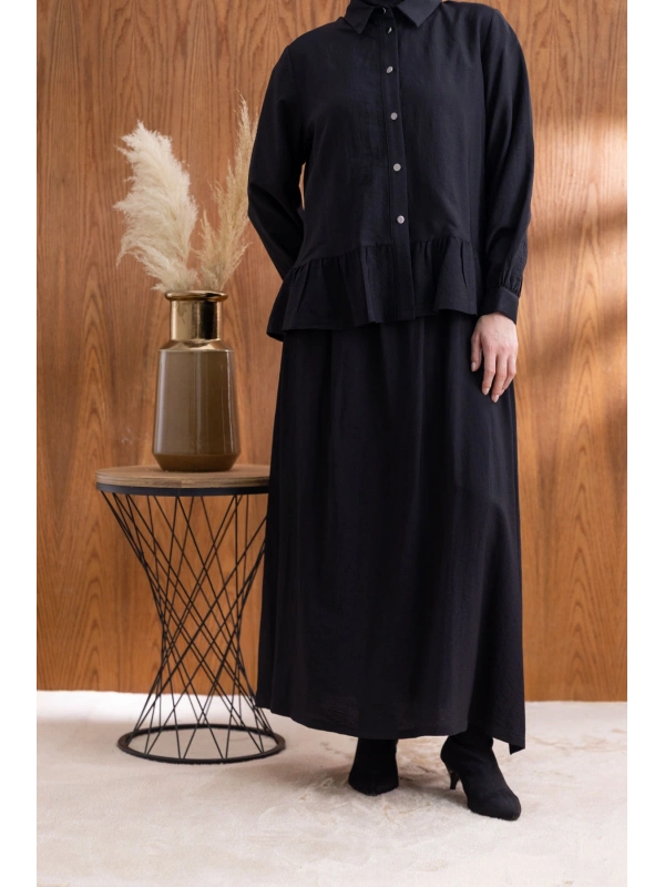 FIRFIR DETAYLI GÖMLEK YAKA ETEKLİ TAKIM - SİYAH