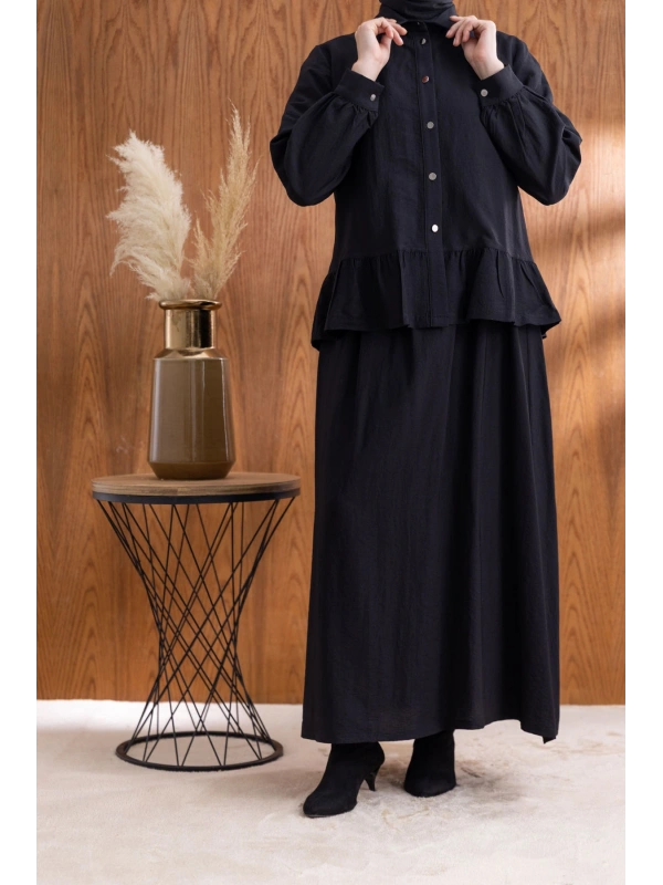 FIRFIR DETAYLI GÖMLEK YAKA ETEKLİ TAKIM - SİYAH