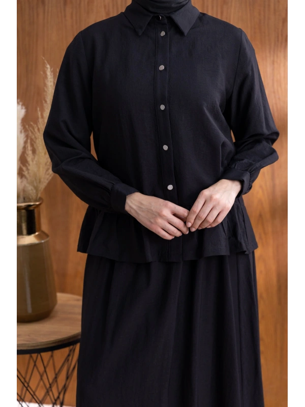 FIRFIR DETAYLI GÖMLEK YAKA ETEKLİ TAKIM - SİYAH