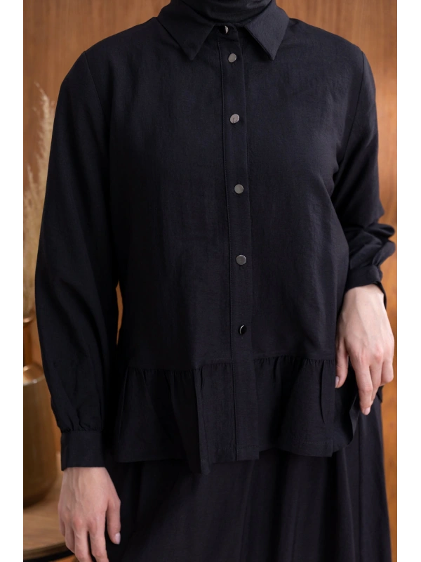 FIRFIR DETAYLI GÖMLEK YAKA ETEKLİ TAKIM - SİYAH