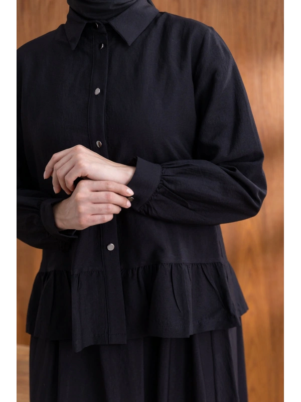 FIRFIR DETAYLI GÖMLEK YAKA ETEKLİ TAKIM - SİYAH