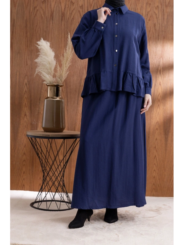 FIRFIR DETAYLI GÖMLEK YAKA ETEKLİ TAKIM - LACİVERT