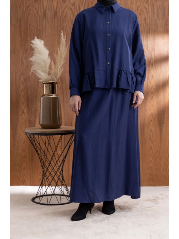 FIRFIR DETAYLI GÖMLEK YAKA ETEKLİ TAKIM - LACİVERT