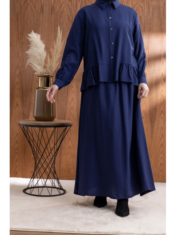 FIRFIR DETAYLI GÖMLEK YAKA ETEKLİ TAKIM - LACİVERT