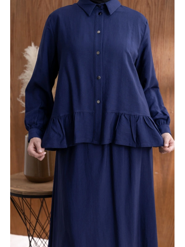 FIRFIR DETAYLI GÖMLEK YAKA ETEKLİ TAKIM - LACİVERT