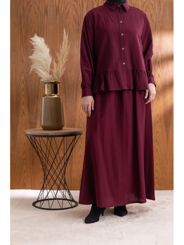 FIRFIR DETAYLI GÖMLEK YAKA ETEKLİ TAKIM - BORDO