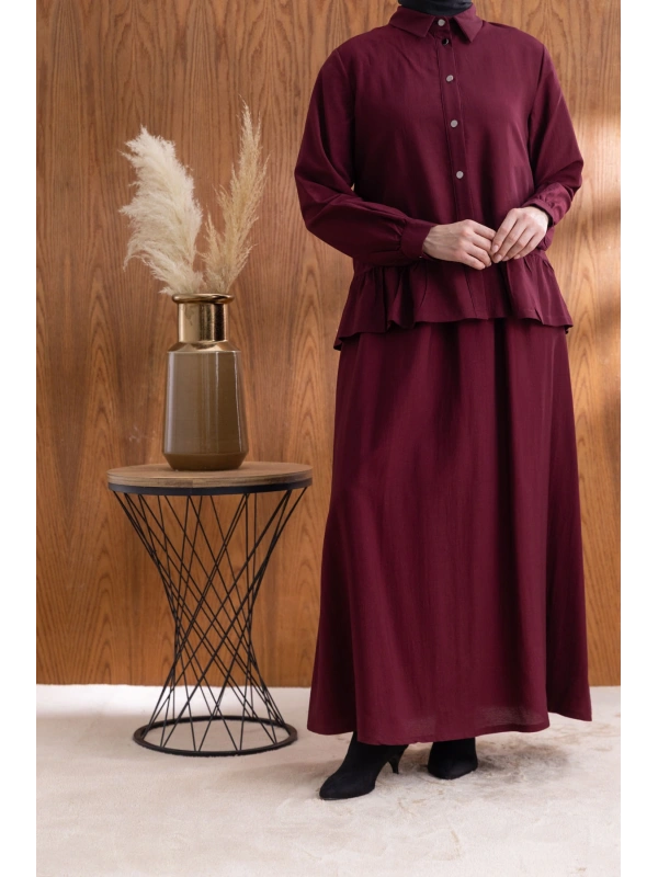 FIRFIR DETAYLI GÖMLEK YAKA ETEKLİ TAKIM - BORDO