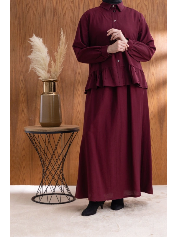 FIRFIR DETAYLI GÖMLEK YAKA ETEKLİ TAKIM - BORDO