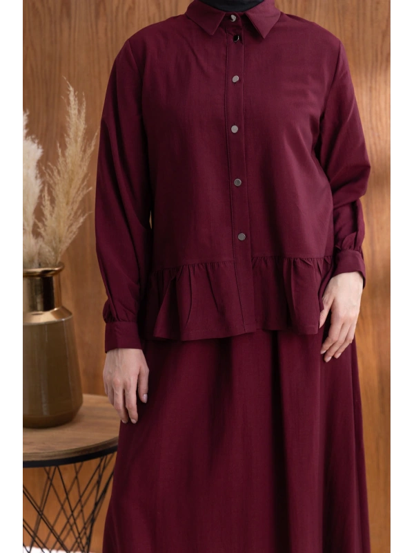 FIRFIR DETAYLI GÖMLEK YAKA ETEKLİ TAKIM - BORDO