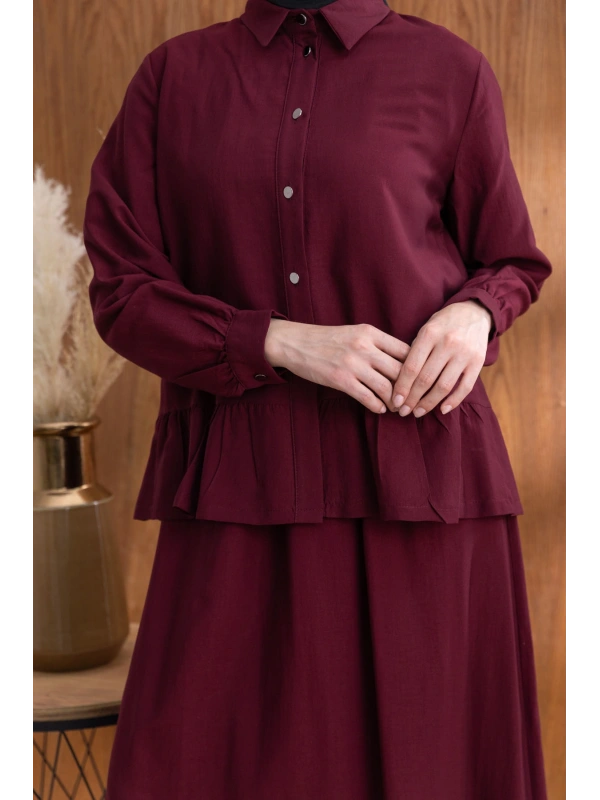 FIRFIR DETAYLI GÖMLEK YAKA ETEKLİ TAKIM - BORDO