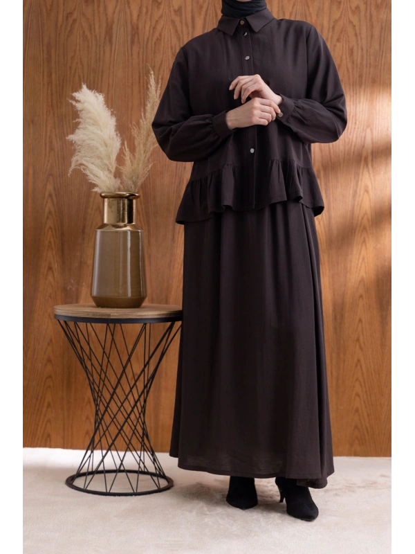 FIRFIR DETAYLI GÖMLEK YAKA ETEKLİ TAKIM - KAHVE