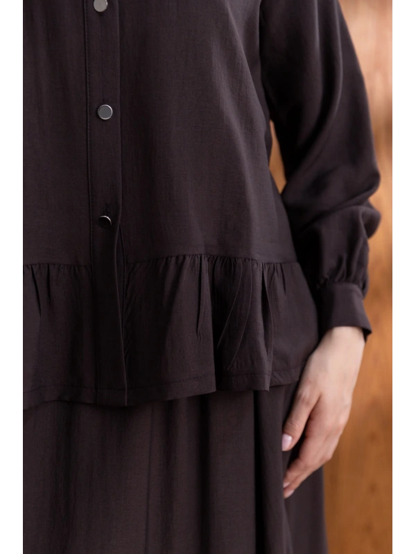 FIRFIR DETAYLI GÖMLEK YAKA ETEKLİ TAKIM - KAHVE