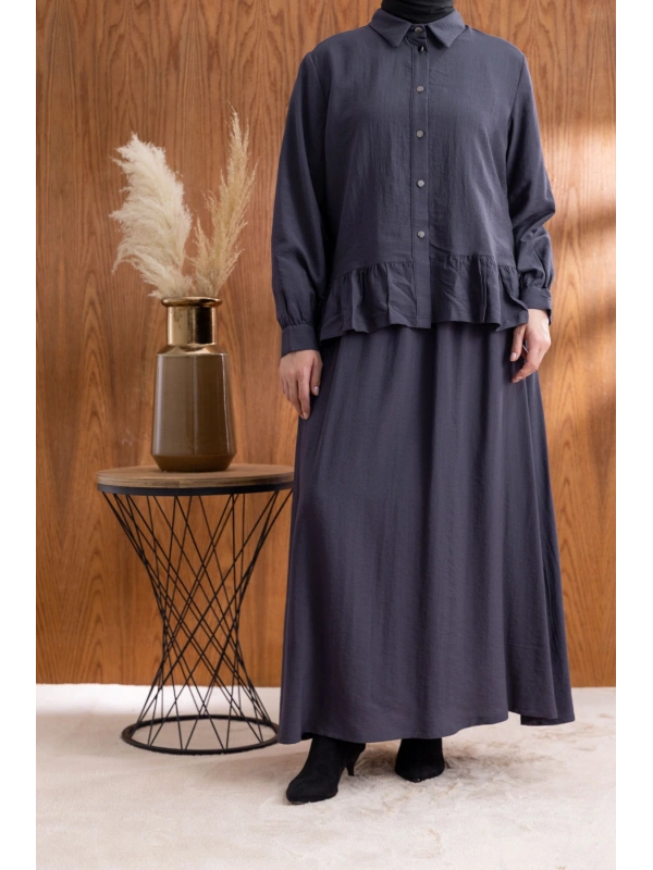 FIRFIR DETAYLI GÖMLEK YAKA ETEKLİ TAKIM - ANTRASİT