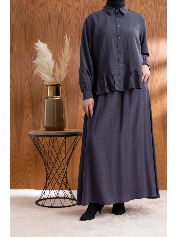 FIRFIR DETAYLI GÖMLEK YAKA ETEKLİ TAKIM - ANTRASİT